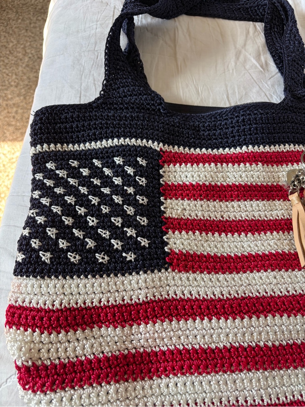 The Sak Crochet American Flag Tote in Navy, Red & White with Tassel Charm - Picture 2 of 9